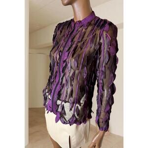 Vintage leather leaf design sheer zip up jacket eggplant colour size S